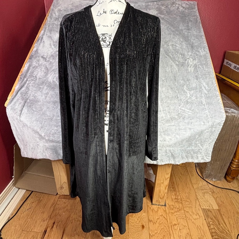 Maurices Duster Cardigan Women Med Black Silver Metallic Velvet Open Front New